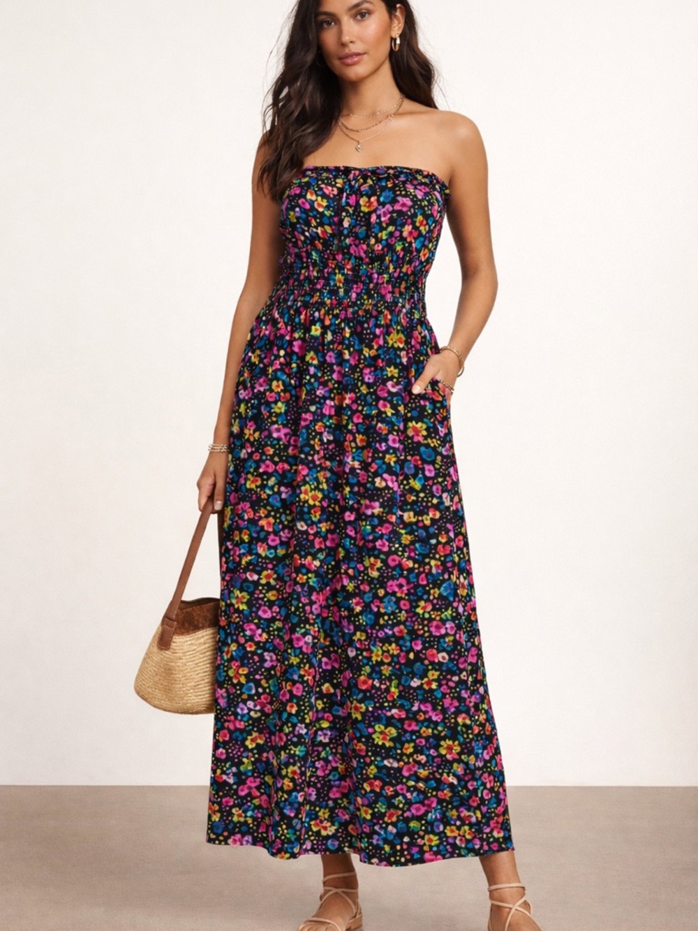 Rebecca Taylor Silk Strapless Floral Smocked Maxi Dress
